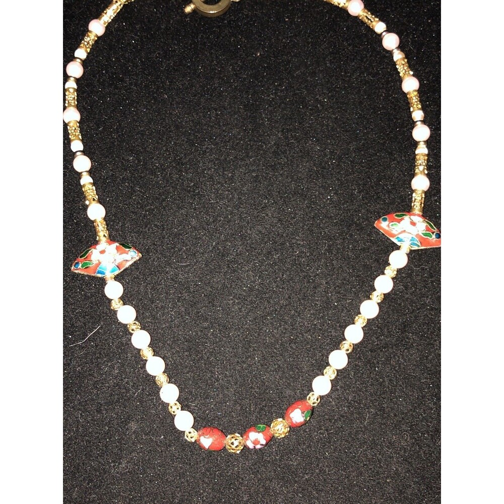 Vintage cloisonne And Faux Pearl / Filligree Bead 18” Beaded Necklace
